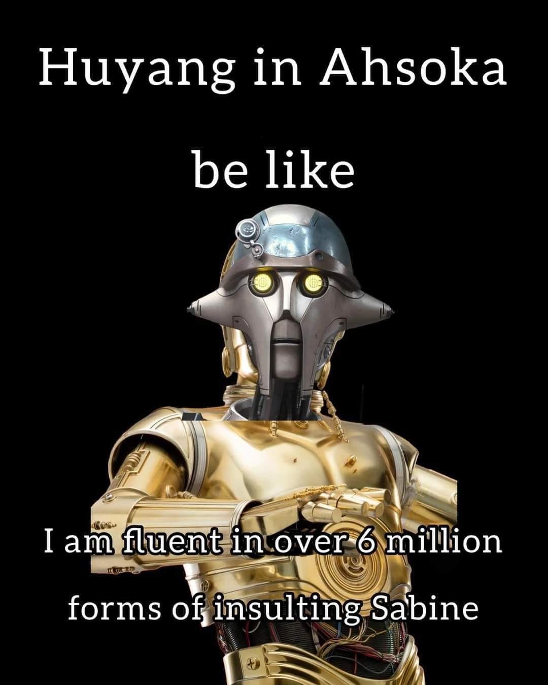 This meme features a screenshot from the Star Wars: The Clone Wars animated series, where the character C-3PO (a golden robot) is saying "I am fluent in over 6 million forms of communication, but a simple 'yes' or 'no' would be sufficient." However, in this meme, his quote is altered to "I am fluent in over 6 million forms of insult, but a simple 'yes' or 'no' would be sufficient" and is juxtaposed with a photo of a character from the Star Wars universe (C-3PO) saying "I am fluent in over 6 million forms of insult, but a simple 'yes' or 'no' would be sufficient" and a photo of a character from the Star Wars universe (C-3PO) saying "I am fluent in over 6 million forms of insult, but a simple 'yes' or 'no' would be sufficient"